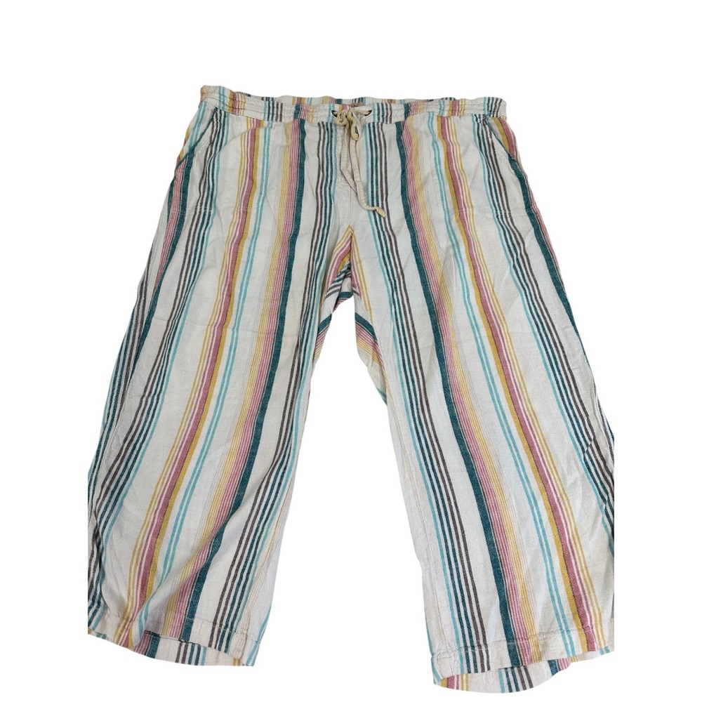 Per Se Womens 3X Linen Blend Striped Crop Pants Elastic Drawstring Waist Multi